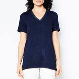 Jersey V-Neck T-Shirt with Leather Neckline Trim - RAYSHAN Shirt Elaine Kim Navy XL 