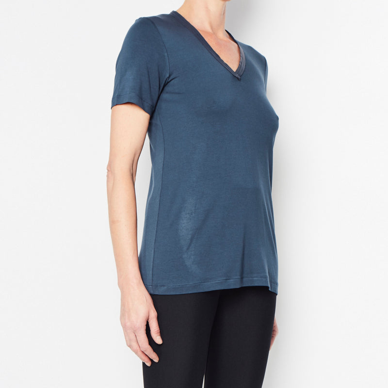 Jersey V-Neck T-Shirt with Leather Neckline Trim - RAYSHAN Shirt Elaine Kim   