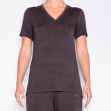 Jersey V-Neck T-Shirt with Leather Neckline Trim - RAYSHAN Shirt Elaine Kim Chanterelle M 