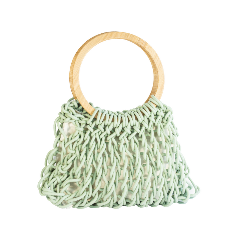 Handmade Large Crocheted Cotton Rope Bag With Wood Handle - AURA Bag Alienina Ocean OS 