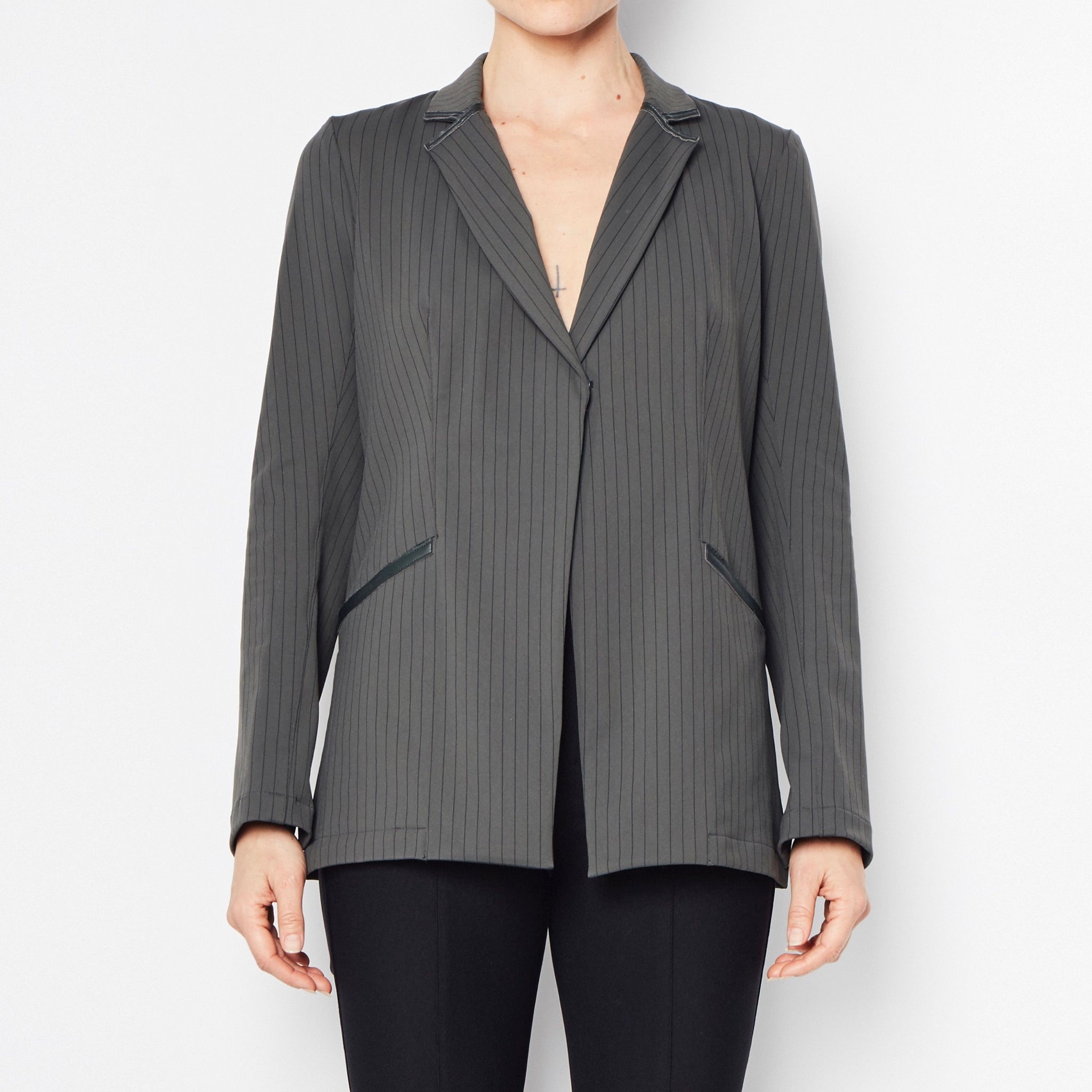 Tech Stretch Blazer - ROWEENA Coat Elaine Kim Stripe Juniper P 