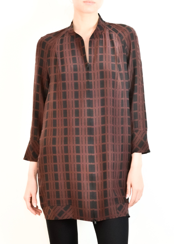 Silk Long Bomber Jacket - TANGO Coat GENERAL ORIENT Bordeaux Check P 