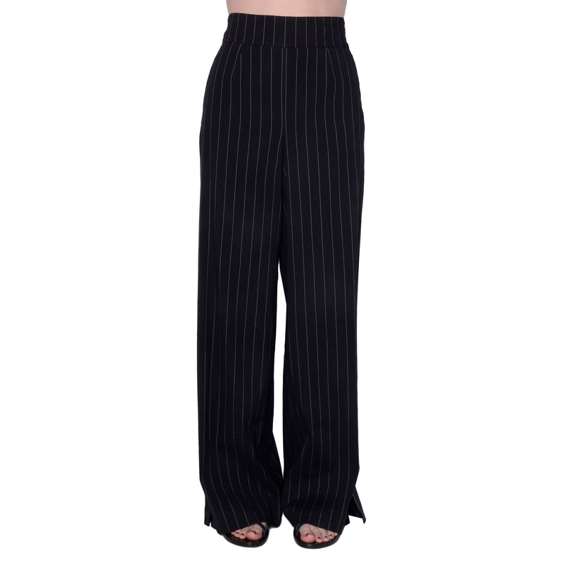 Stretch Linen Wide Pant with Leather Trim - SWINTON Pant Elaine Kim Midnight Stripe P 