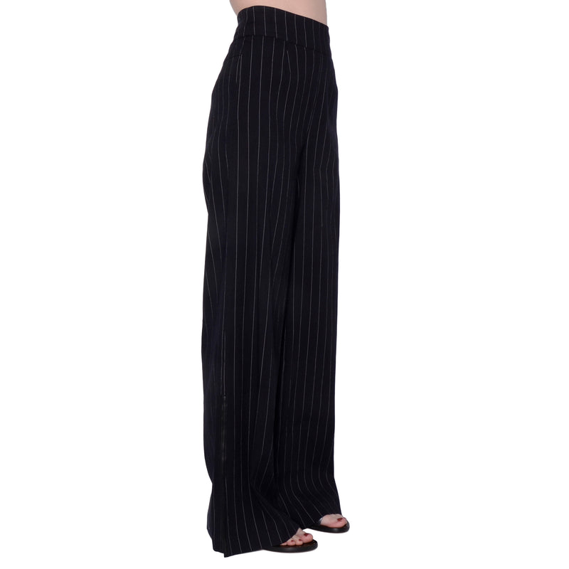 Stretch Linen Wide Pant with Leather Trim - SWINTON Pant Elaine Kim   