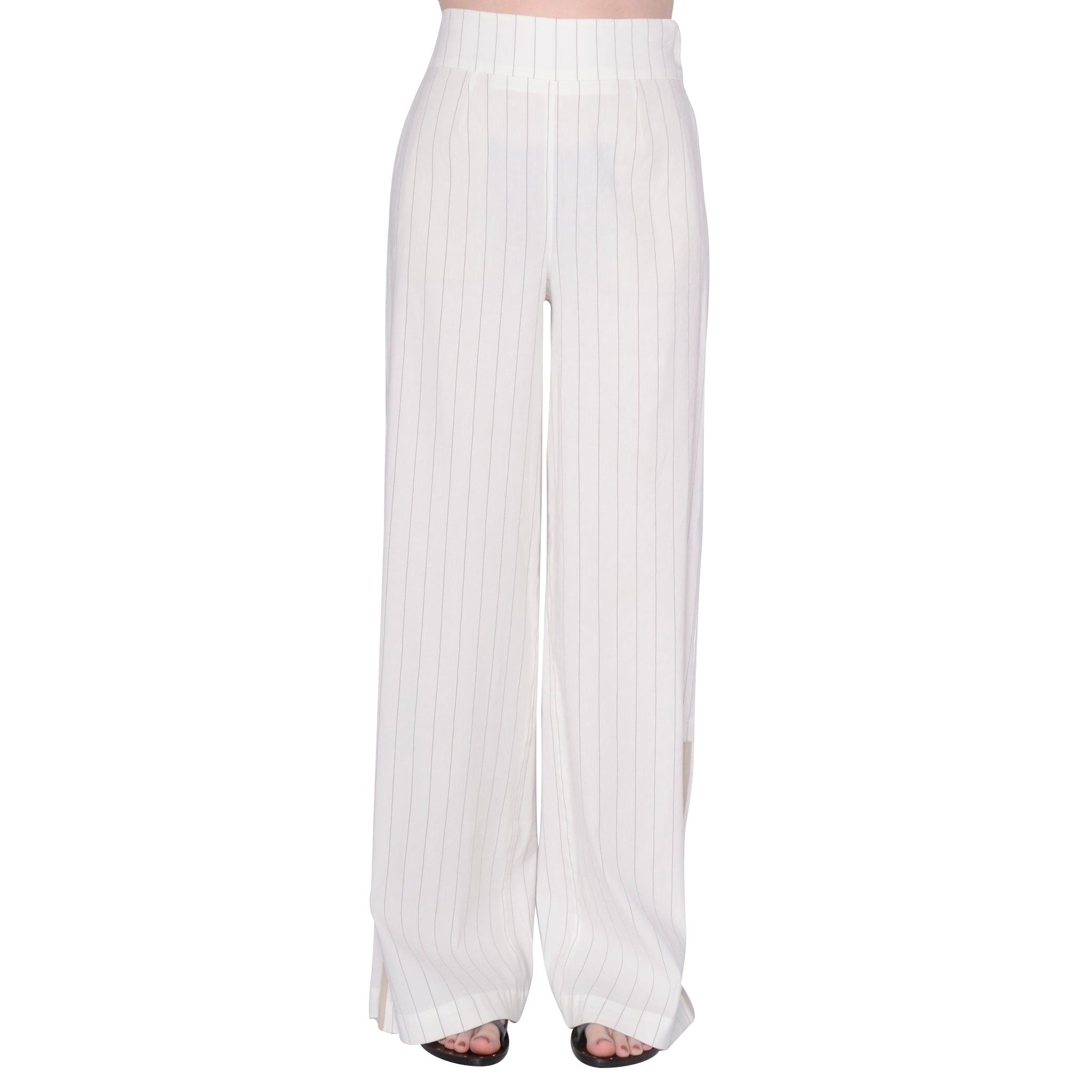 Stretch Linen Wide Pant with Leather Trim - SWINTON Pant Elaine Kim White Stripe P 